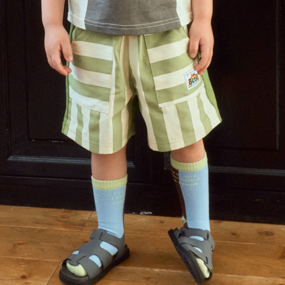 First Blue 鬆緊腰粗條紋拼色純棉短褲-抹茶綠