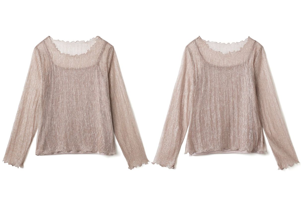 日本 GRL - 金蔥透膚捲邊上衣X細肩帶背心兩件組-星塵粉