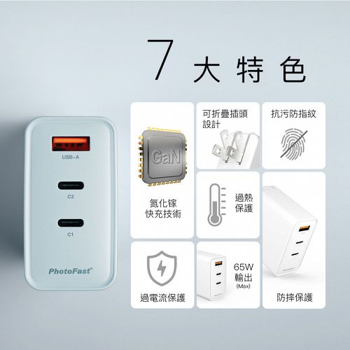 A1 Charge 65W GaN 氮化鎵三孔充電器 + 雙USB-C充電線-紫色充電組