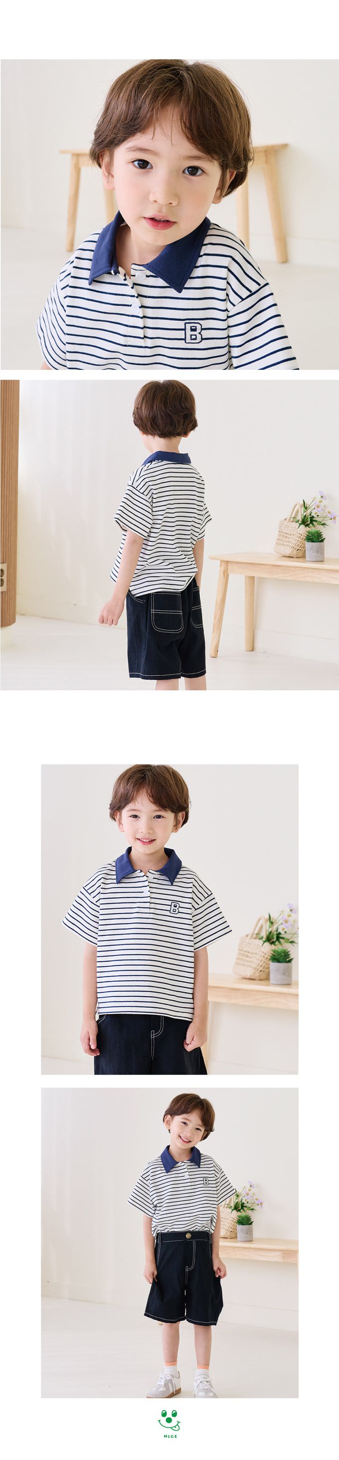 韓國 Bebezoo - 刺繡品牌標誌翻領短袖上衣-橫紋-海軍藍