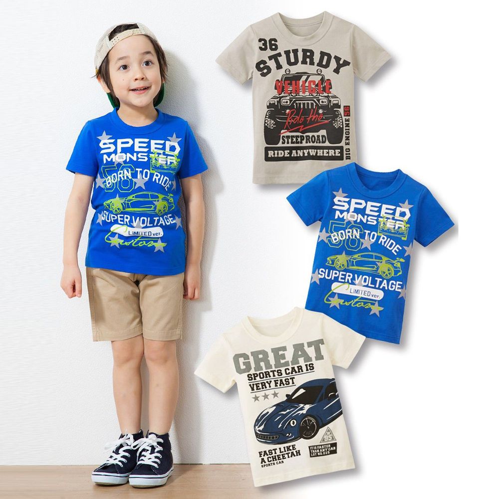 日本 Nissen - 男孩夏日鮮豔印花短袖T恤三件組-汽車-灰色+象牙色+深藍色