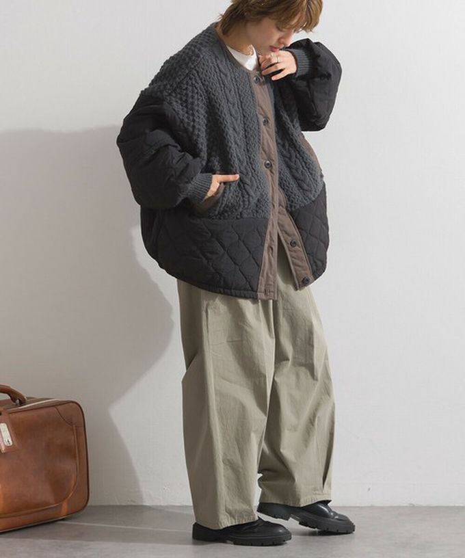 日本 Lupilien - 立體麻花絎縫拼接無領保暖外套-黑