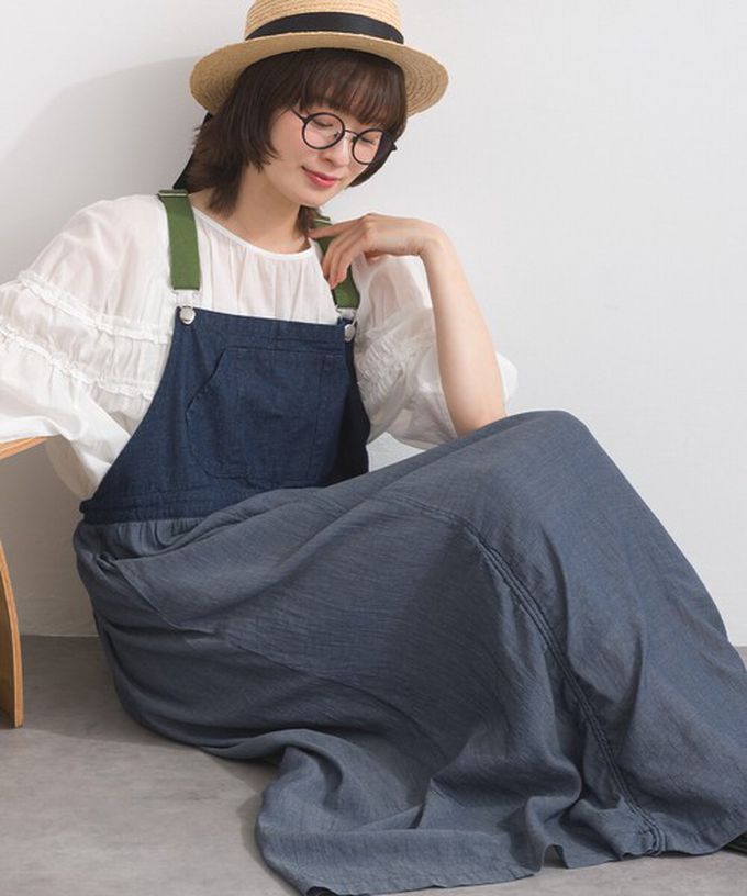 日本 Lupilien - 拼接風抽繩飄逸薄牛仔吊帶洋裝-靛藍