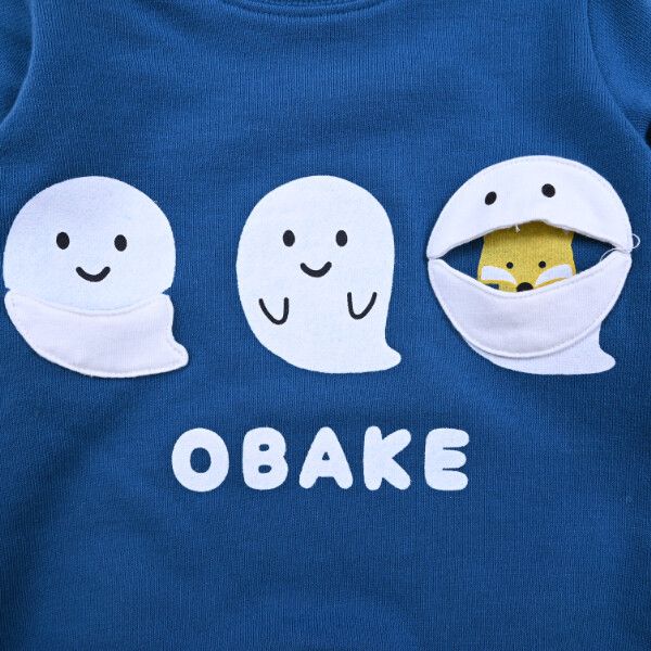 日本 Baby Room - 裏毛立體翻翻樂長袖上衣-可愛幽靈-淺灰