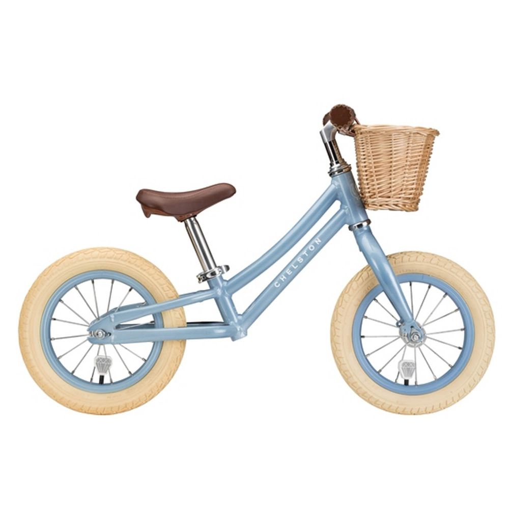 Chelston bikes - Mini Dutch 復古滑步車-晨霧藍-滑步車 x 1 , 手工編織竹籃 x 1 , 麻料內襯  x 1 , 3 歲以下專用ABS氣嘴蓋 x 1