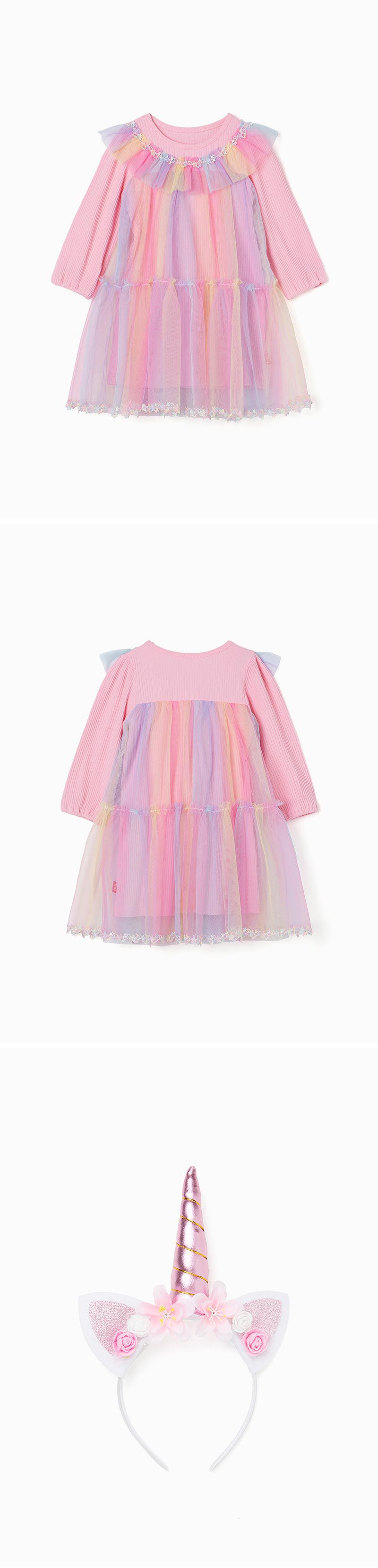 韓國 OZKIZ - 彩虹仙子網紗洋裝(附髮飾)-粉