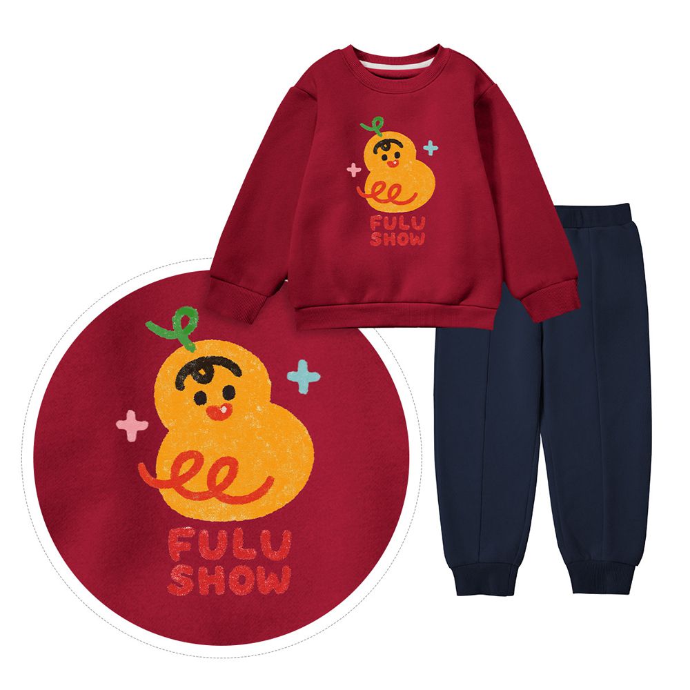 內刷絨長袖上衣+長褲套裝-福祿壽-紅x藏青