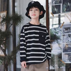 Y B S - 純棉圓領長袖上衣-設計口袋-黑白條紋