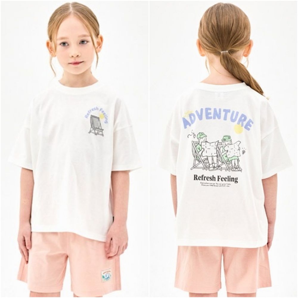 手繪風格冒險圖案純棉短袖套裝-白X橘粉