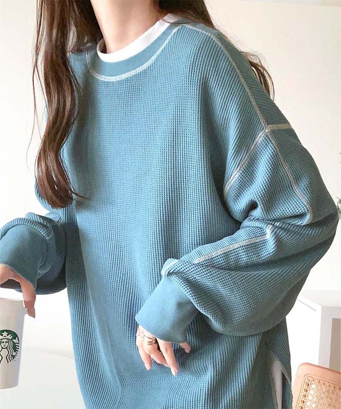 日本 Classical Elf - Java 華夫格車線薄長袖上衣-煙燻粉