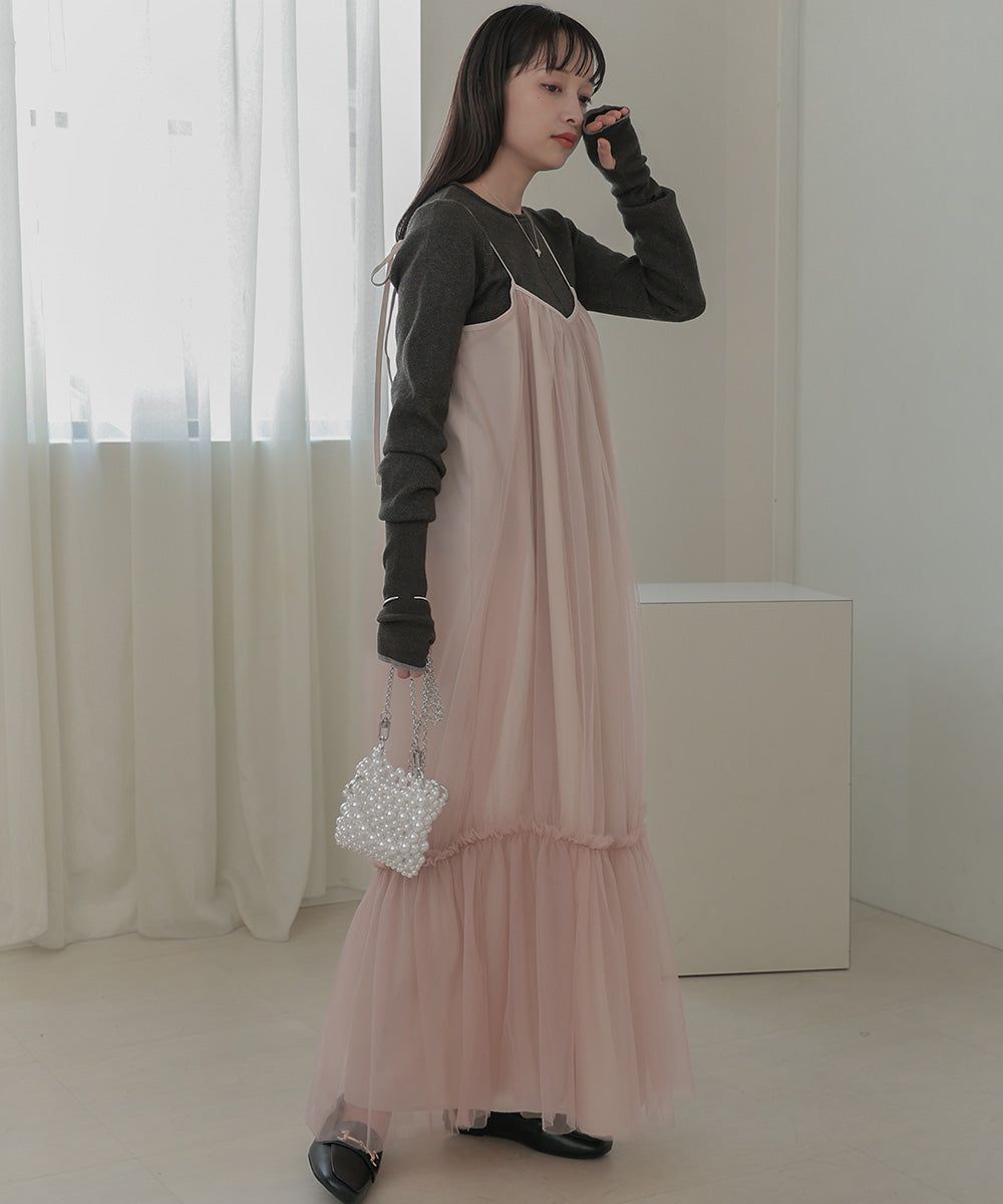 日本 Bab - 夢幻歐根紗拼接吊帶裙-夢幻粉