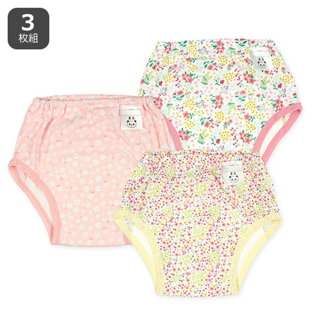 三層密縫式學習褲(3件組)-浪漫花卉-粉黃白