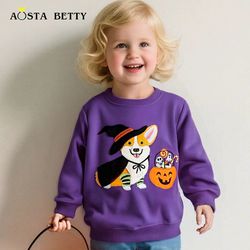 AOSTA BETTY - [萬聖節]純棉圓領長袖上衣/大學t-小狗提南瓜-紫色
