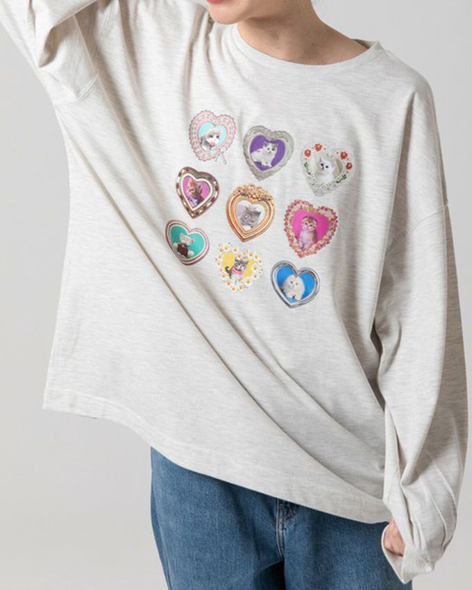 日本 gleam - 可愛貓咪相框寬版長袖T恤-白