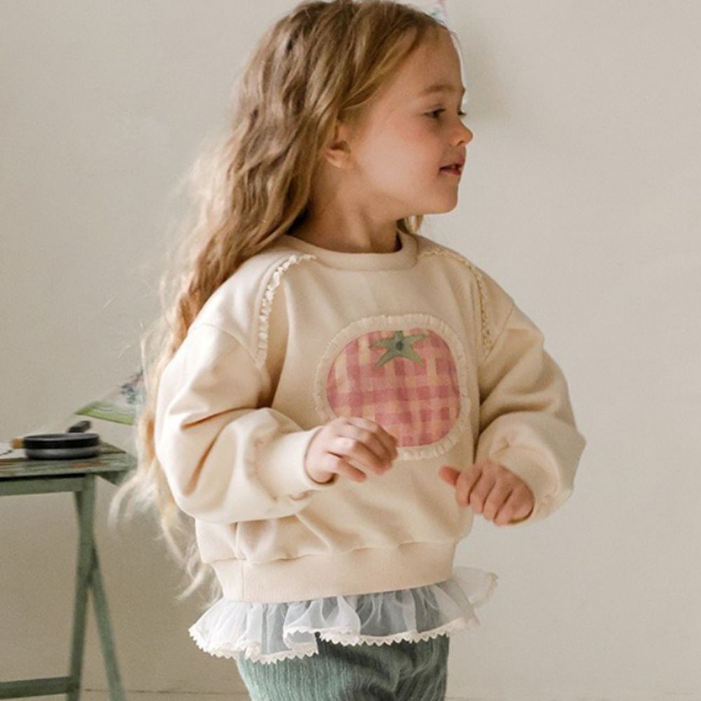 Puellaflo 格紋蕃茄拼接網紗長袖大學T-米