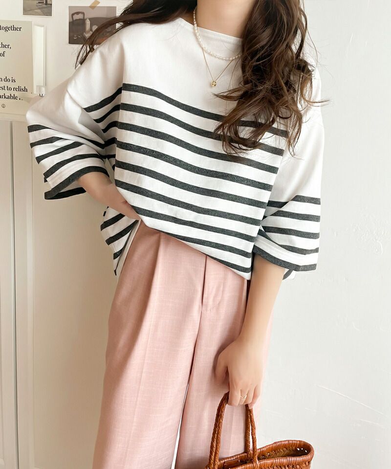 日本 Classical Elf - 圓領透氣橫條紋五分袖上衣-白x綠