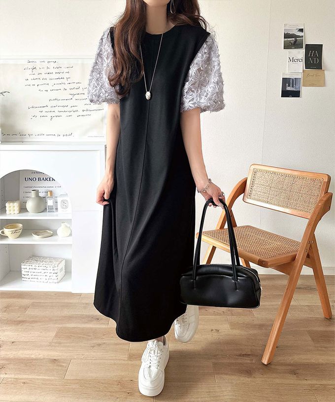 日本 Classical Elf - 夢幻薄紗緹花泡泡袖洋裝-黑x灰藍