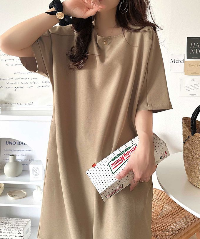 日本 Classical Elf - 亞麻感洗練線條短袖洋裝-黑