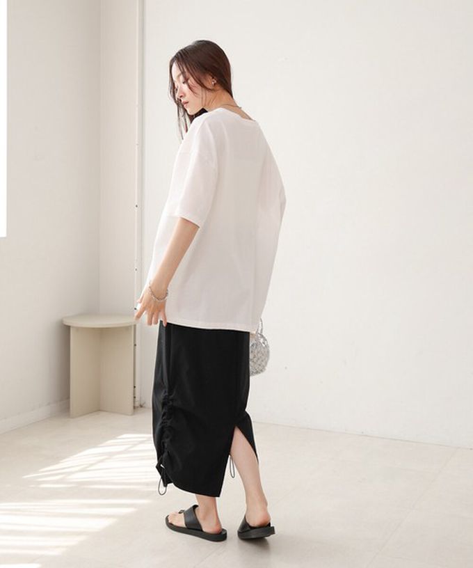 日本 Bab - 100%棉 極簡照片印花五分袖上衣-杏底綠字 (M)