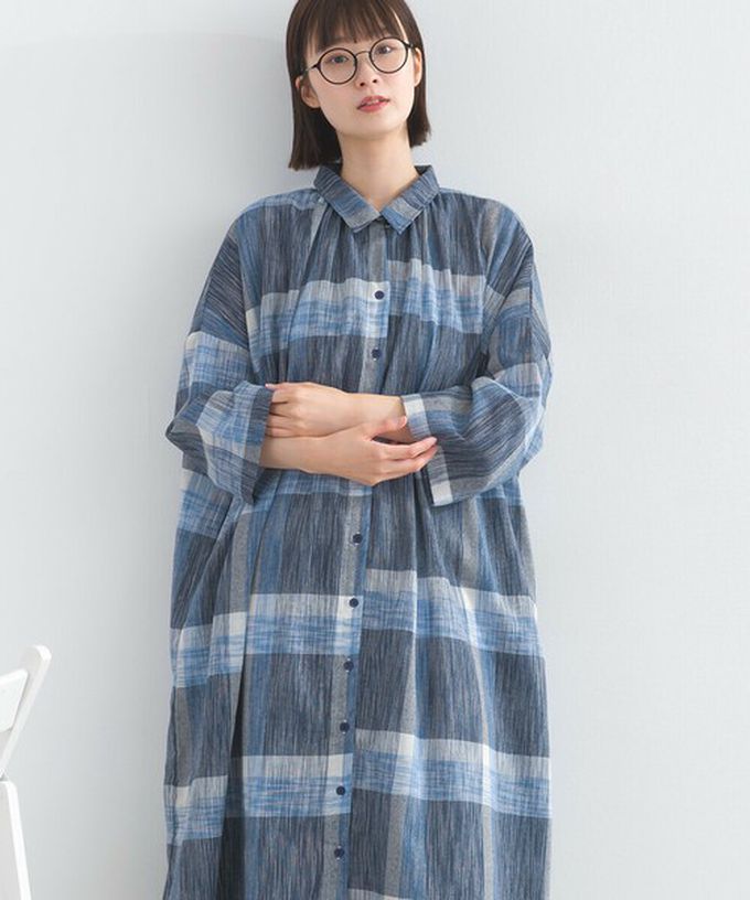 日本 Lupilien - 休閒率性格紋七分袖襯衫洋裝-藍系