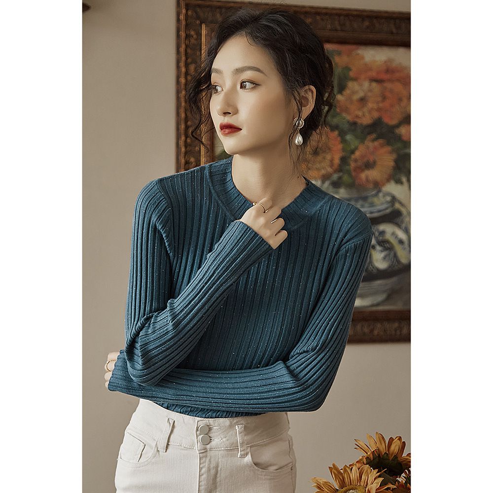 優雅百搭坑條修身針織上衣-藍色