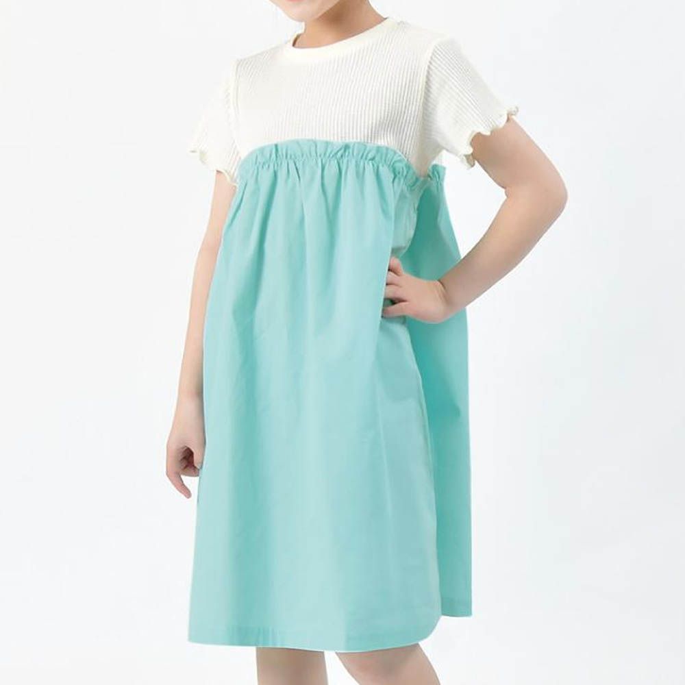 拼接撞色羅紋短袖洋裝-白x薄荷綠