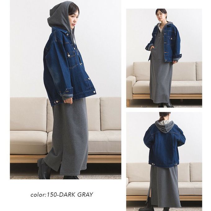 日本 OMNES - 休閒刺繡logo裏毛連帽長袖洋裝-深灰