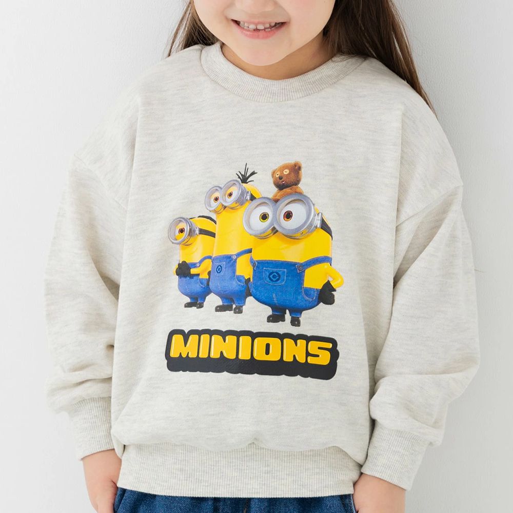 限量聯名 裏毛印花大學長袖上衣-卡通人物小小兵-三人組-燕麥