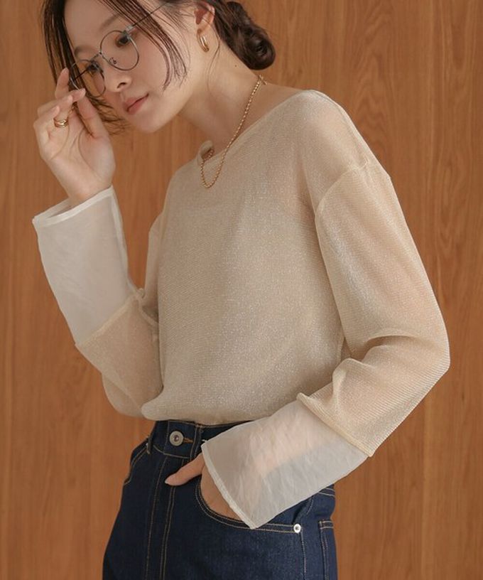 日本 Bab - 亮麗光澤歐根紗拼接透膚薄長袖上衣-淺卡其