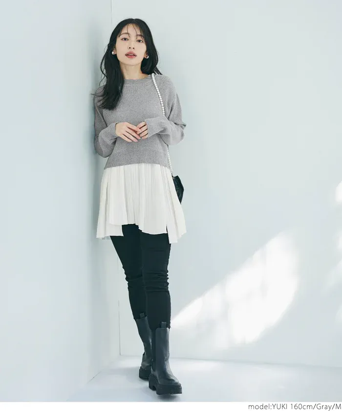 日本 COCA - 細摺拼接圓領針織長袖上衣-黑