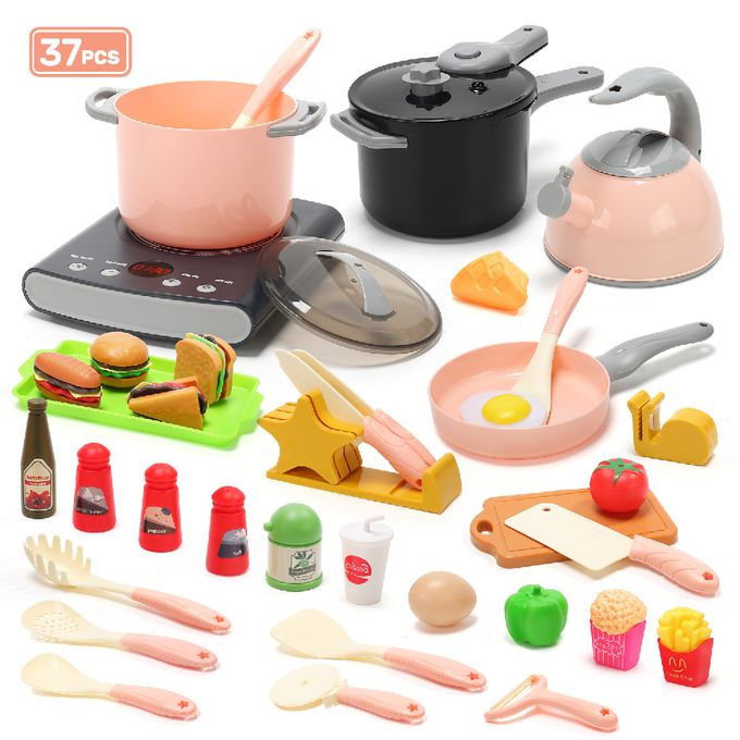 CuteStone - 兒童仿真電磁爐與吐司漢堡切切樂套裝玩具37件組