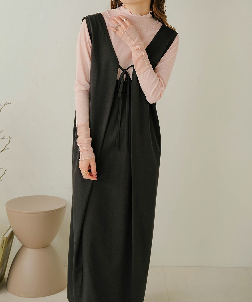 日本 Bab - [日雜推薦] 氣質綁帶V領背心裙-石英灰