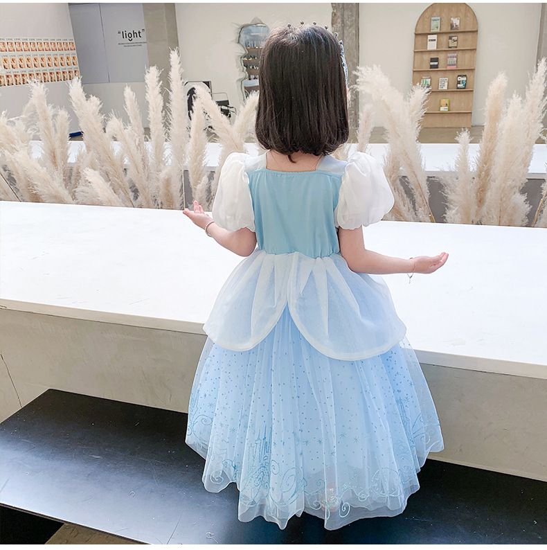 灰姑娘公主袖網紗洋裝-溫柔藍