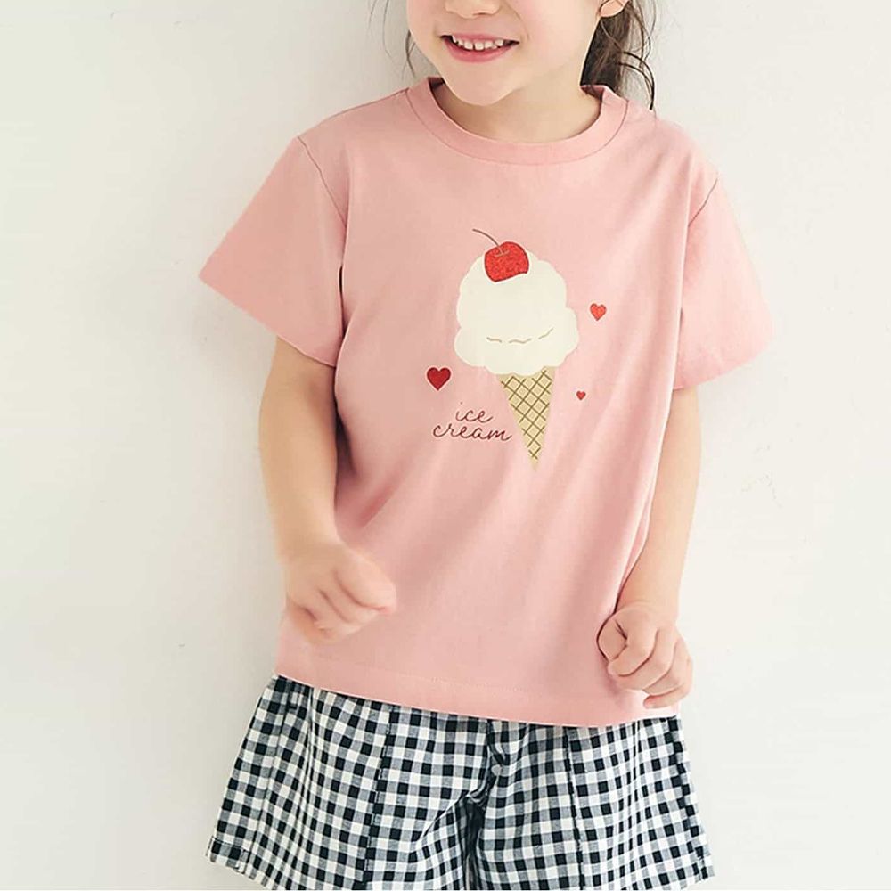 每天都想穿的純棉印花短袖T恤-櫻桃冰淇淋-粉紅