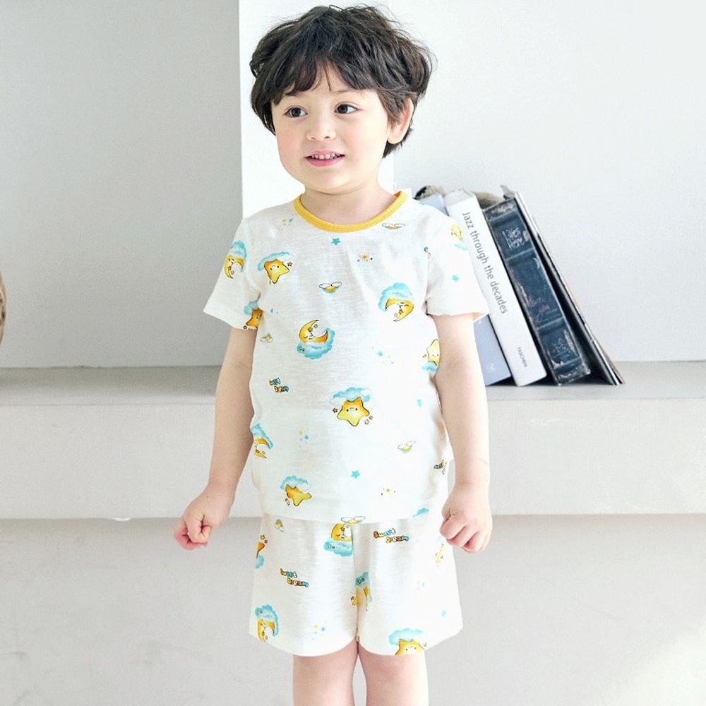 輕薄細柔棉短袖家居服-童趣雲朵星月-米白