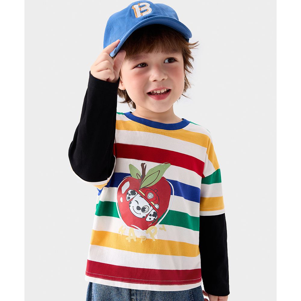 卡通汪汪隊假兩件長袖上衣-卡通人物毛毛-彩虹條紋