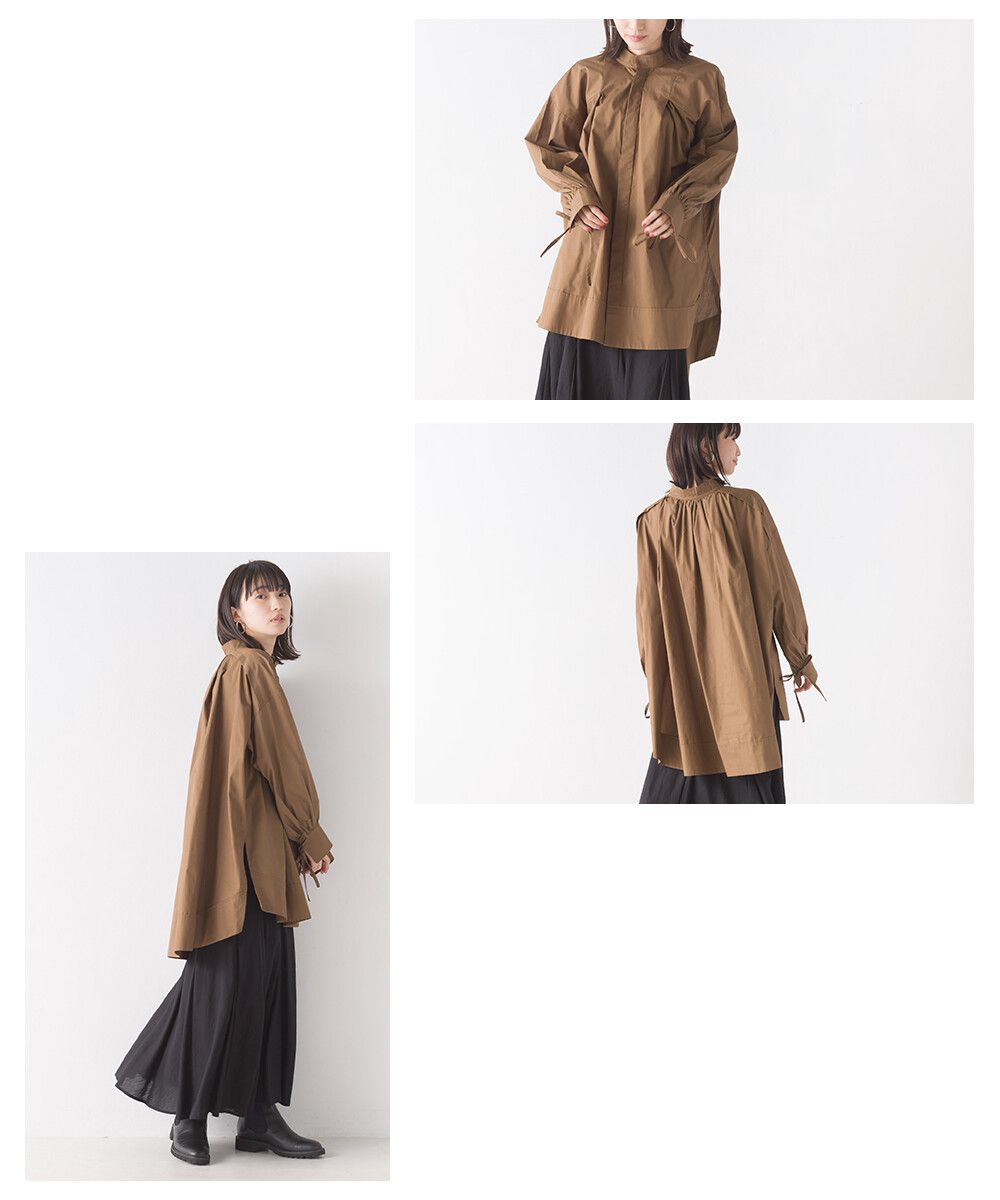 日本 OMNES - 文藝氣質糖果袖立領長袖襯衫-淺米杏