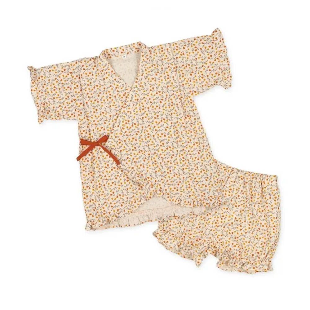 100%棉 夏季限定甚平短袖套裝-小花-粉橘