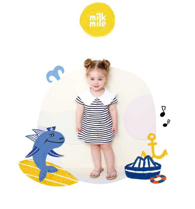 韓國 milk mile - 美人魚印花橫紋翻領洋裝-藍