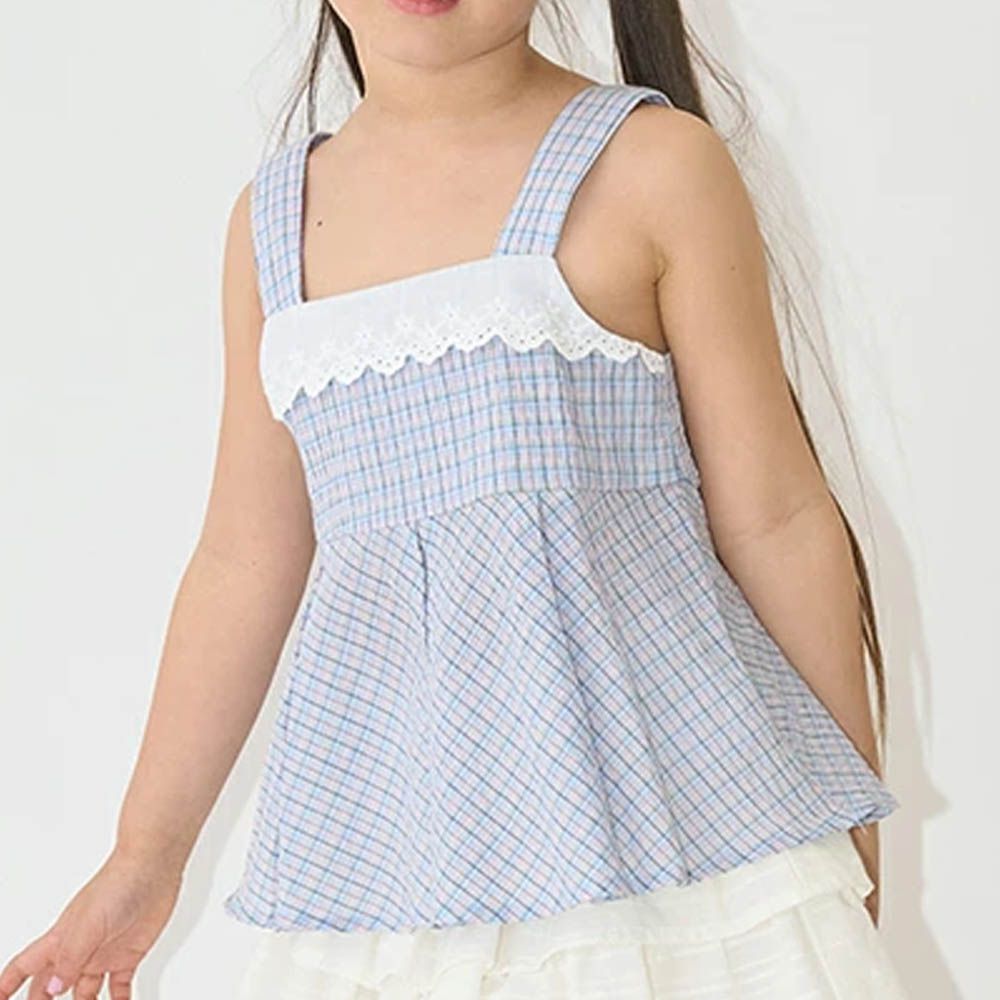 100%棉 胸前蕾絲印花吊帶背心-格紋-藍