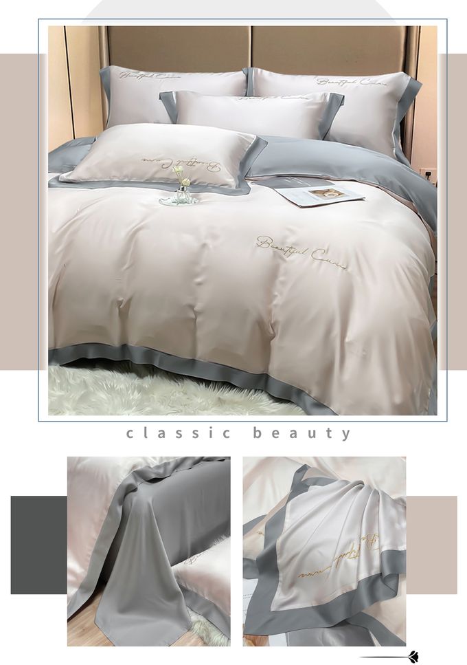 Eyah宜雅居家生活 - 撞色拼接立體刺繡60支萊賽爾天絲床包被套四件組-粉鑽晶銀