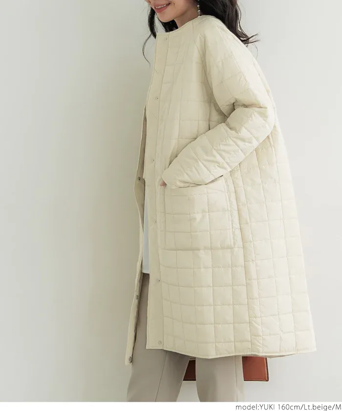 日本 COCA - 格紋絎縫無領長版鋪棉外套-黑