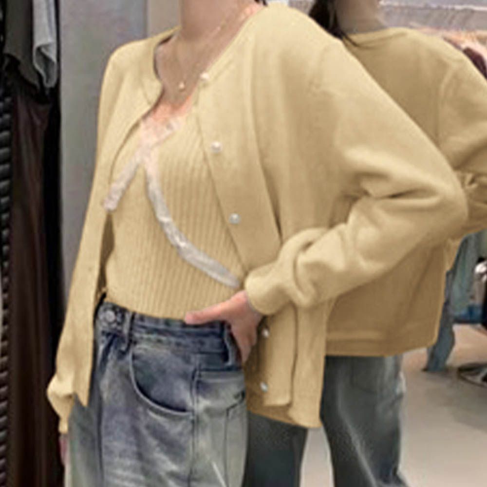 蕾絲細肩帶背心+珍珠薄針織外套(2件組)-黃 (F)