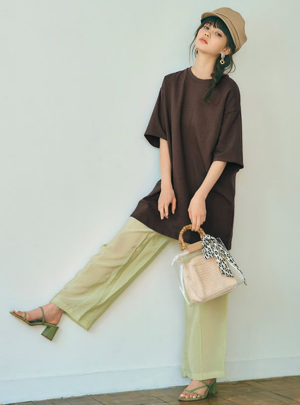 日本 GRL - 仿竹把手透明子母手提包/側背包-編織紋-米 (F)