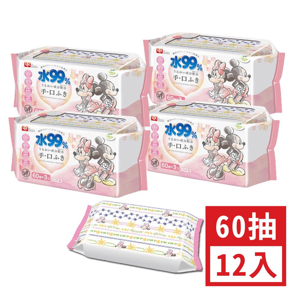 日本 LEC - 純水99%口手專用濕紙巾-新款迪士尼-米奇米妮-12包入箱購組-60抽x12包入