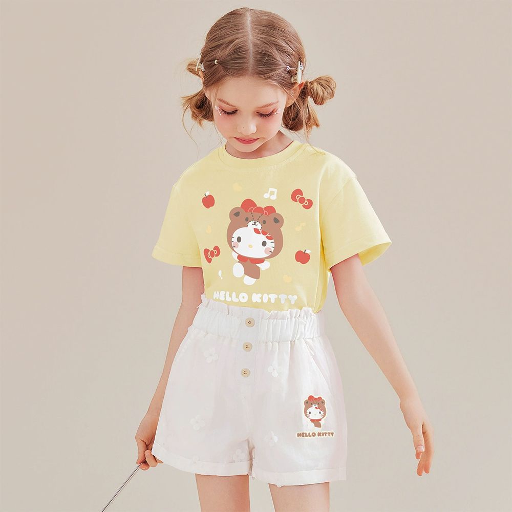 純棉圓領短袖上衣+短褲套裝-卡通人物Hello Kitty-黃色