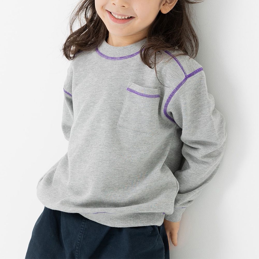 配色縫線簡約裏毛長袖上衣-灰x紫線