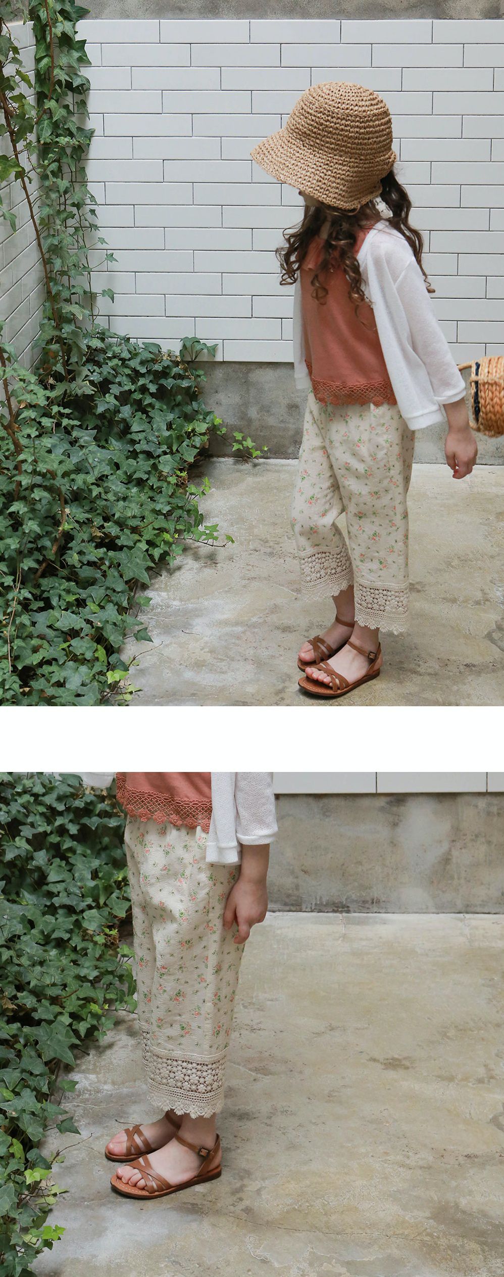 韓國 PuellaFLO - 春日碎花蕾絲下襬薄長褲