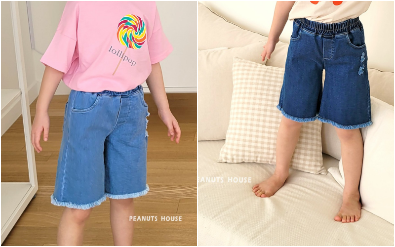 韓國 Peanuts House - 鬆緊腰刷破抓鬚寬版5分牛仔褲-深藍