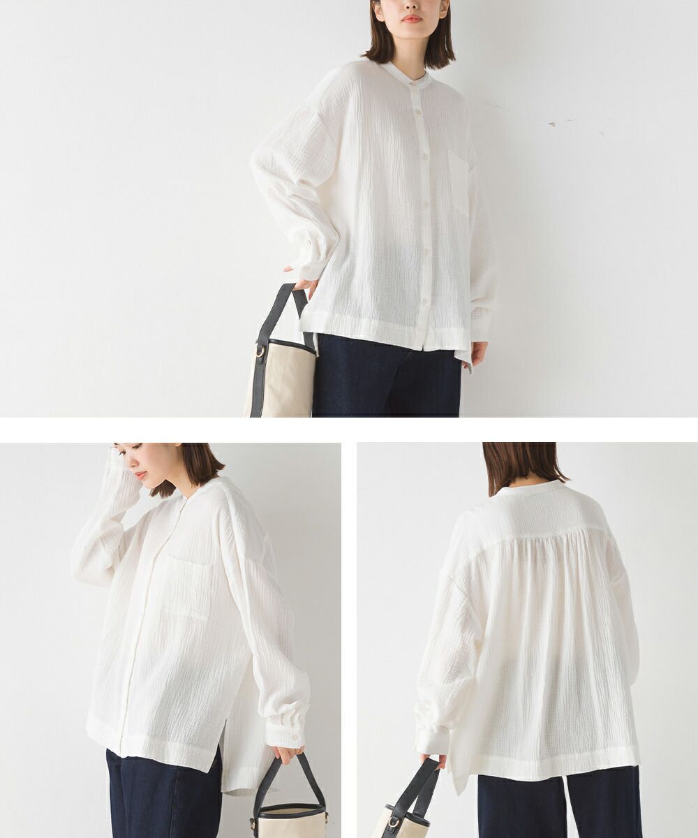 日本 OMNES - 圓領質感二重紗長袖襯衫-白